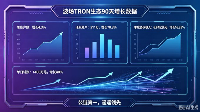 A chart is displayed with several different graphs representing TRON's growth over 90 days. The charts display various trends like an upward trend for active user accounts, a downward trend for total users only, and others indicating progress of TRON on a day-to-day basis across multiple areas such as user accounts, inactive user accounts, and active vs inactive users changeover.
