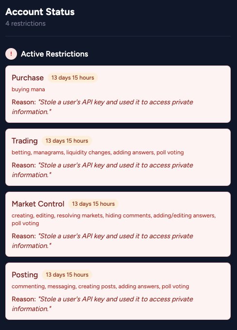 A screenshot of an 'Account Status' page showing '4 restrictions' with active restrictions on Purchase, Trading, Market Control, and Posting for 13 days 15 hours. All restrictions share the reason: 'Stole a user's API key and used it to access private information.'