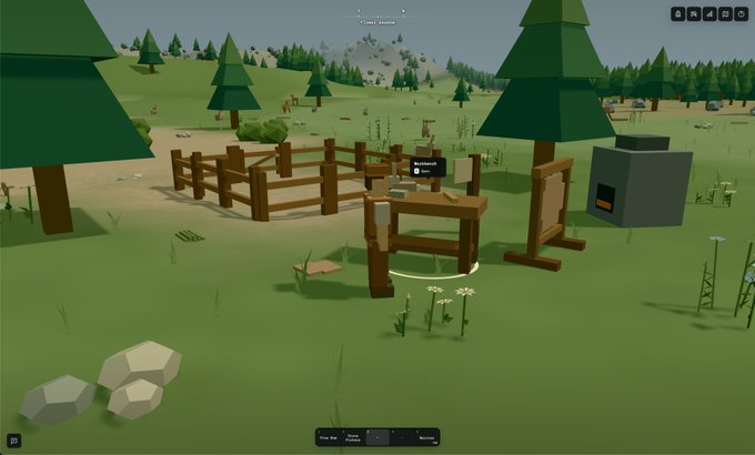 A low-poly video game screenshot showing a wooden workshop area with trees, a campfire setup, and animal enclosures in a grassy field.