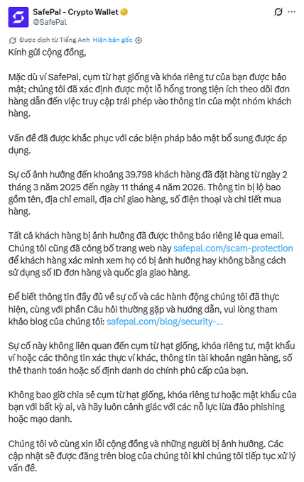A Vietnamese announcement from SafePal Crypto Wallet (@SafePal) addressing a recent security incident affecting approximately 39,798 customers, urging users to verify any impact using safepal.com/scam-protection.