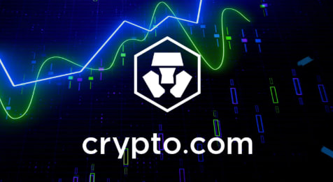 The image features the Crypto.com logo and branding prominently displayed against a dark background with green and blue candlestick trading charts. The text "crypto.com" appears below the logo, visually reinforcing the post's announcement about the exchange's major platform redesign for its 150 million users.
