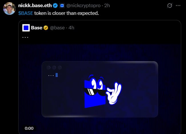The image features a social media post with a blue square graphic of a character wearing sunglasses, which has been captioned "Base token coming soon @base @jessepollak seriously?". The post also includes a screenshot of an image of a phone screen displaying the Base logo and text.