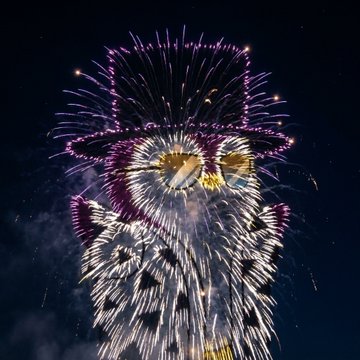 An owl-shaped fireworks display illuminated in purple and white bursts against the night sky.