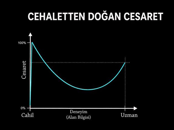 The graphic "CEHALETTEN DOĞAN CESARET" (translated from Turkish as "Boldness Born of Ignorance") illustrates the Dunning-Kruger curve, showing confidence ("Cesaret") peaking at 100% when knowledge is minimal ("Cahil"/ignorance), dipping to its lowest at moderate experience ("Deneyim/Alan Bilgisi"), and partially recovering at expertise ("Uzman"). The curve visually supports the idea that the less you know, the more boldly you may act—a point reinforced by the accompanying caption about the irony of confidence rooted in ignorance.