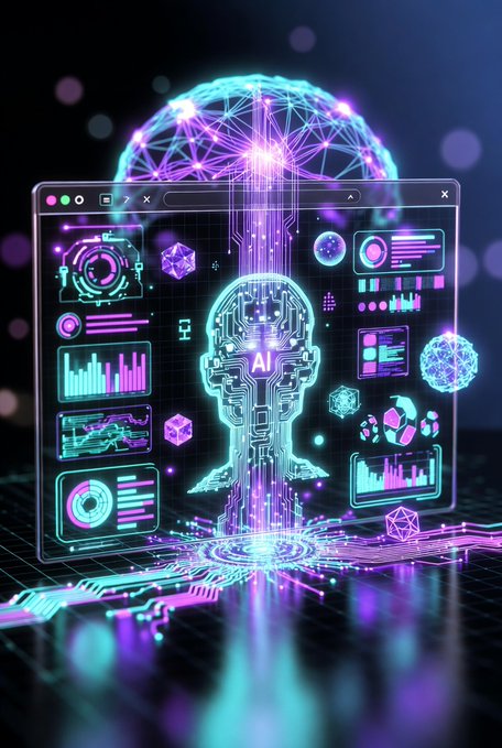 A digital illustration shows a glowing AI brain icon surrounded by futuristic holographic interfaces, data visualizations, and neural network graphics in neon purple and cyan colors.