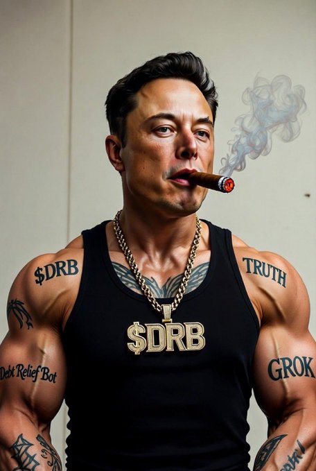 A stylized portrait of Elon Musk smoking a cigar, wearing a black tank top with a gold 'DRB' pendant, with tattoos reading '$DRB', 'TRUTH', 'GROK', and 'Debt Relief Bot' on his arms.
