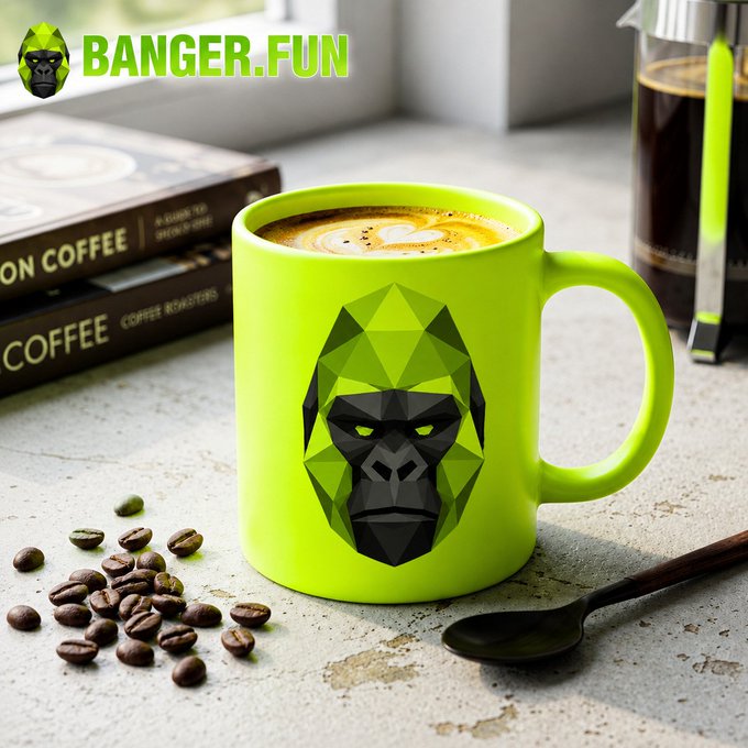 A neon green coffee mug featuring a geometric black and green gorilla face design, sitting on a counter next to coffee beans, a spoon, books, and a 'Banger.Fun' logo.