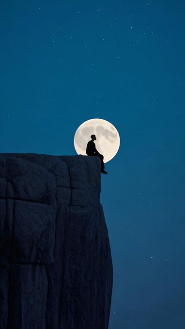 A silhouetted figure sits contemplatively on the edge of a rocky cliff against a night sky, with a large full moon positioned directly behind them.