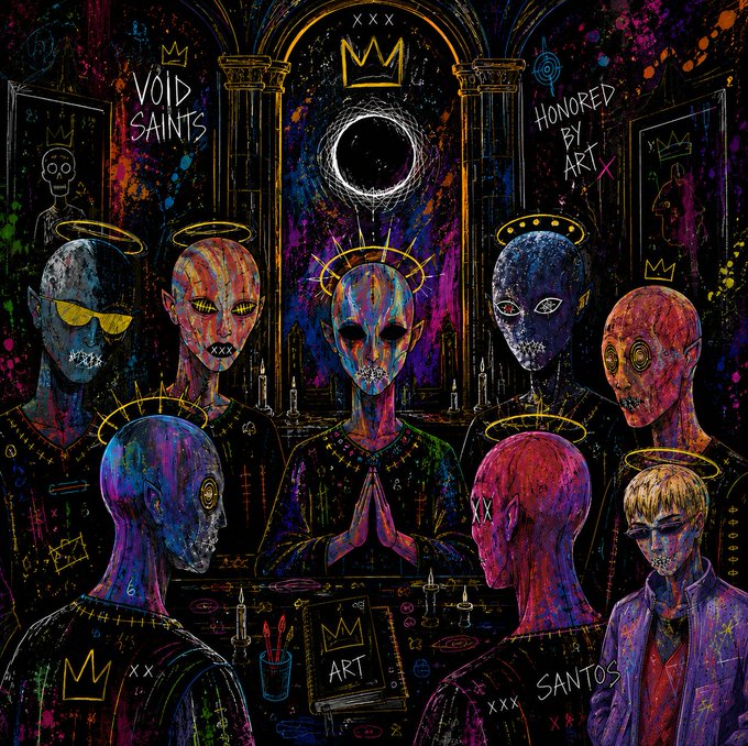 The image features a group of people sitting around a table, with some of them wearing crowns or other regal attire. There are at least eight people visible in the scene, including one person who appears to be wearing a crown. The setting seems to be an art gallery or museum, as there is a painting on display that includes a large circle and a crown. The image also contains text related to a contest or giveaway, which suggests that it might be promoting an event or competition.