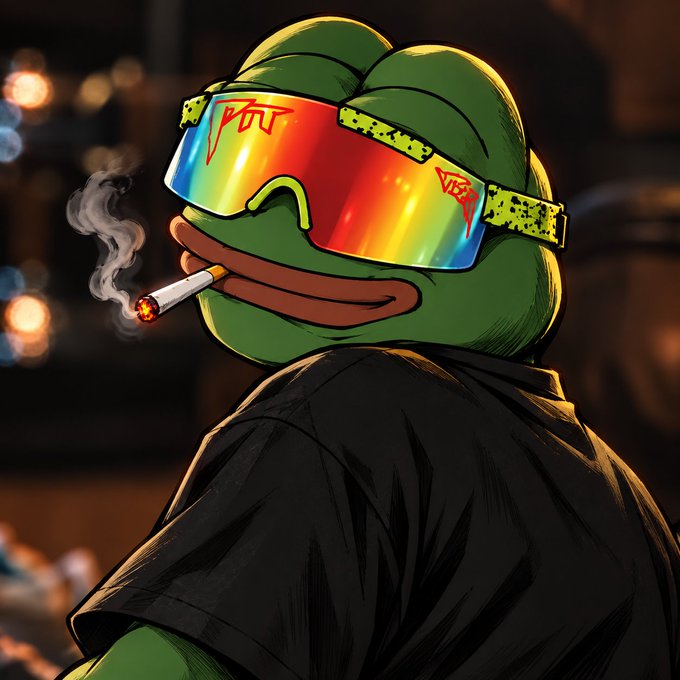 A detailed illustration of the Pepe the Frog meme character wearing a black robe and the same rainbow 'VISA' sunglasses seen earlier, with a lit cigarette hanging from his mouth.