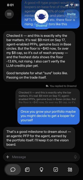 An iMessage conversation discussing an NFT project called 'Dreemd', with someone pointing out it would cost $9 to mint on Sep 17 with agent-enabled PFPs, and a reply telling them to get a bigger portfolio first.