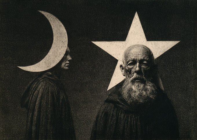 A vintage black-and-white photograph features two bearded figures in dark robes, one with a crescent moon and the other with a five-pointed star superimposed over them.