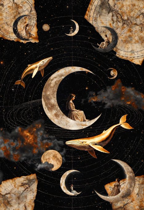 The image features a woman sitting on a crescent moon, surrounded by various celestial objects such as planets, stars, and other space-themed elements. The background of the image is black with gold accents, creating an ethereal atmosphere. The caption reads "Beautiful Evening People Beyond Us 14/15 @objktcom". This suggests that the image may be related to a post about the beauty of the night sky or the concept of people beyond our planet.