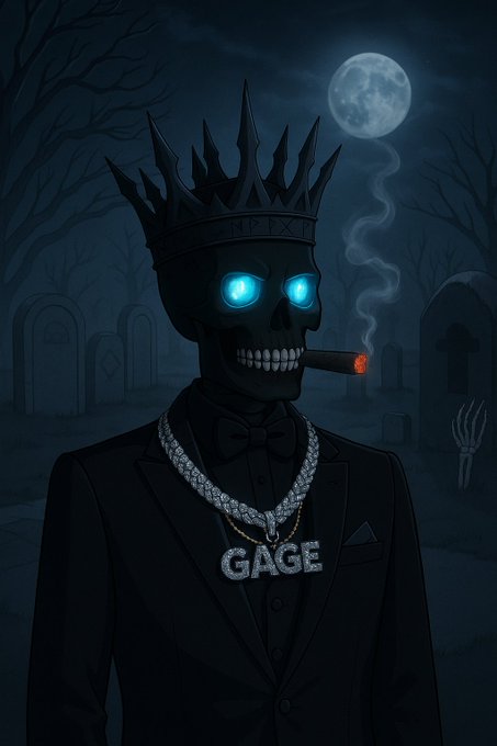 A digital artwork depicts a skeletal figure wearing a spiked 'RIP X' crown, a black suit, and a diamond chain spelling 'GAGE', smoking a cigar under a full moon in a graveyard.