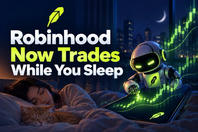 A Robinhood promotional image reads 'Robinhood Now Trades While You Sleep' showing a woman sleeping with a cat while a robot trades on a phone displaying stock charts.