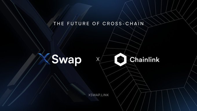 A dark, sleek promotional graphic features "THE FUTURE OF CROSS-CHAIN" above the XSwap and Chainlink logos flanking an "x," with "XSWAP.LINK" displayed at the bottom. The minimalist design reinforces the post's message of seamless cross-chain value transfer by visually pairing XSwap with Chainlink, highlighting their powered-by partnership.