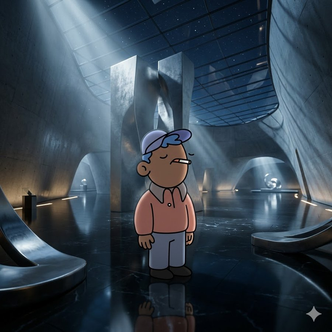 A cartoon character with blue hair and a pink shirt standing in a futuristic, dark architectural space with reflective floors and dramatic lighting.