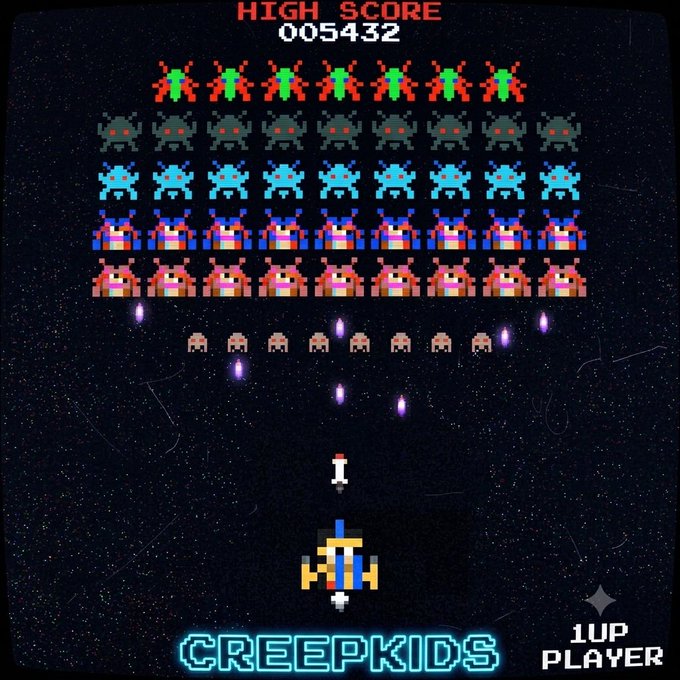 Retro Galaga-style arcade game screenshot branded 'CREEPKIDS,' showing a high score of 005432, rows of alien enemies, and a player spaceship firing upward.