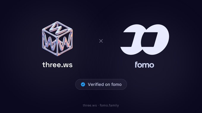 A partnership announcement graphic showing the "three.ws" logo alongside the "fomo" logo, separated by an "x" symbol, with a "Verified on fomo" badge below, confirming the integration mentioned in the post about THREE token verification on the fomo platform.