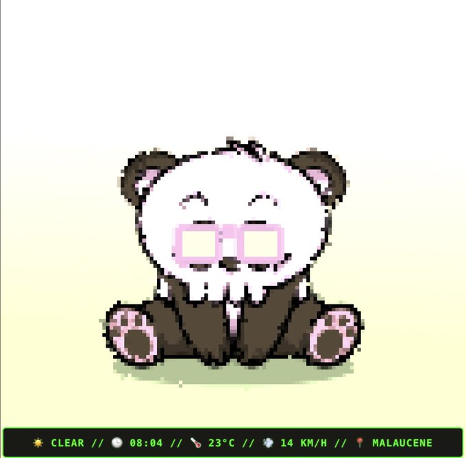 Pixel art of a cute panda wearing glasses, displayed with a status bar at the bottom reading "CLEAR // 08:04 // 23°C // 14 KM/H // MALAUCENE".