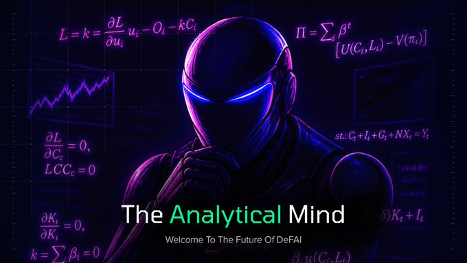 A purple and blue neon graphic featuring a hooded figure in a glowing mask with mathematical equations in the background, titled 'The Analytical Mind' and 'Welcome To The Future Of DeFAI'.