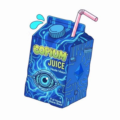 A digital illustration of a blue juice carton labeled 'COPIUM JUICE - Node Vision - Full Node Shares Body' with a pink straw and a circuit-board eye design.
