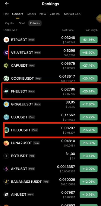 A screenshot of a crypto "Gainers" rankings list on Binance Futures, showing tokens like BTR, VELVET, CAPU, COOKIE, FHE, GIGGLE, CLOUD, HOLO, and others with their 24h percentage gains. Three tokens are highlighted with red rectangles—VELVETUSDT (+48.70%), FHEUSDT (+20.24%), and HOLOUSDT (+16.20%)—visually emphasizing the three coins mentioned in the post as top performers.