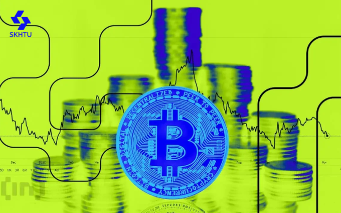 A blue Bitcoin token floats prominently over stacked coin columns against a chart-backed background, with the "SKHTU" logo visible in the corner, symbolizing the rising crypto market momentum tied to the SEC's "Project Crypto" initiative aimed at shifting financial markets on-chain.