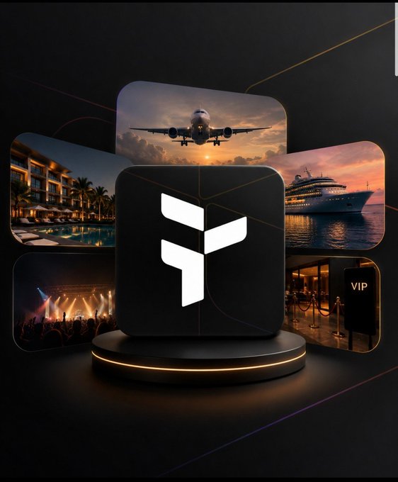 Promotional graphic featuring a stylized 'F' logo surrounded by images representing luxury travel, including an airplane, cruise ship, resort, concert, and VIP lounge.