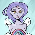 A digital drawing of a character with long purple hair, golden eyes, and small wings, wearing a rainbow-colored dress against a soft pastel background.