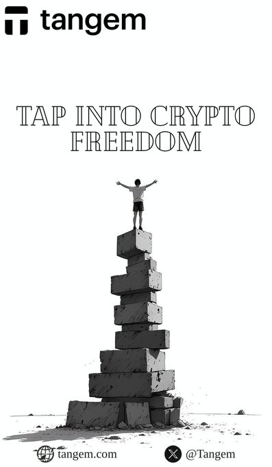 A Tangem promotional graphic titled 'TAP INTO CRYPTO FREEDOM' showing an illustrated figure standing triumphantly atop a stack of stone blocks, with tangem.com and @Tangem branding.