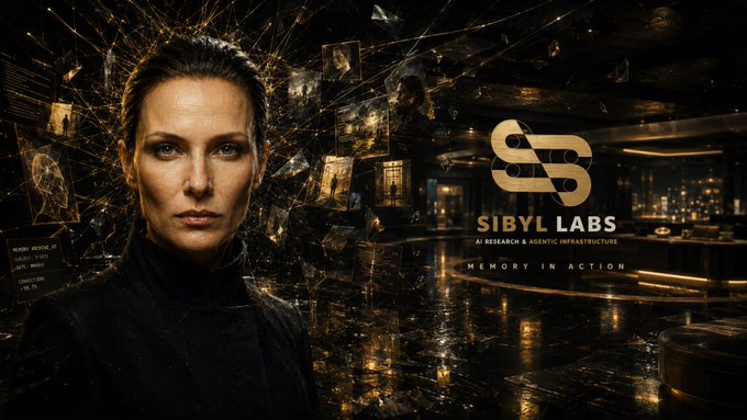 A promotional image for 'SIBYL LABS' featuring a woman with dark hair against a digital/fractured background, with text reading 'AI RESEARCH & AGENTIC INFRASTRUCTURE' and 'MEMORY IN ACTION'.