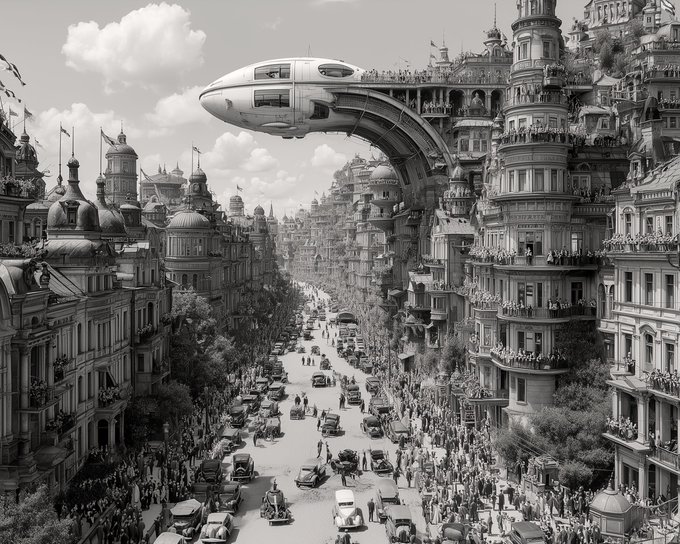 A black and white steampunk-style illustration of a futuristic city with ornate Victorian architecture, a crowded street with vintage vehicles, and a flying spacecraft with people on its deck.