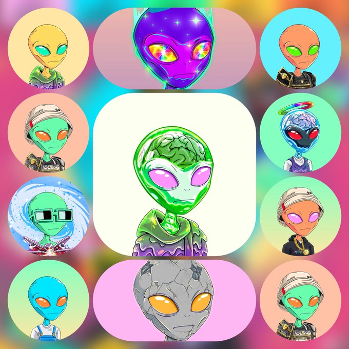 A colorful collage of cartoon alien avatar illustrations with large glowing eyes, featuring a central green alien in a glass dome and various other aliens in different colors and styles arranged in a grid pattern.