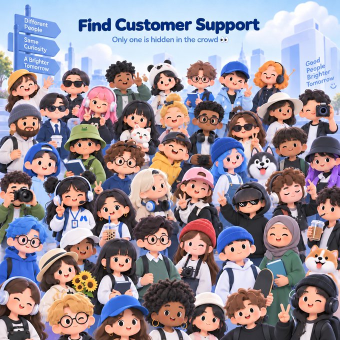 A 'Find Customer Support' puzzle illustration showing a dense crowd of diverse cartoon characters, with one character identified as 'Good People Brighter Tomorrow' according to the accompanying text.