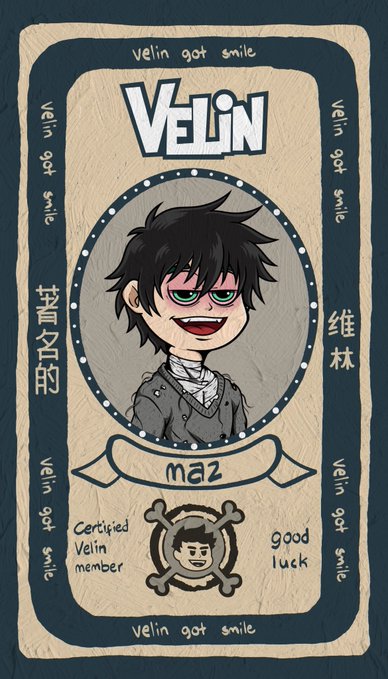 The image features a cartoon character, specifically a boy with black hair wearing glasses, who appears to be smiling at the camera. The character's name tag reads "velin" along with other names such as "maz", "@velin_nn", and "@mazwhale". The post is promoting a rewards program for users named velin or maz, offering them 15 GTD spots if they join the Velin membership card. The character's name tag also includes a small skull symbol, which adds to the cartoon-like aesthetic of the image.