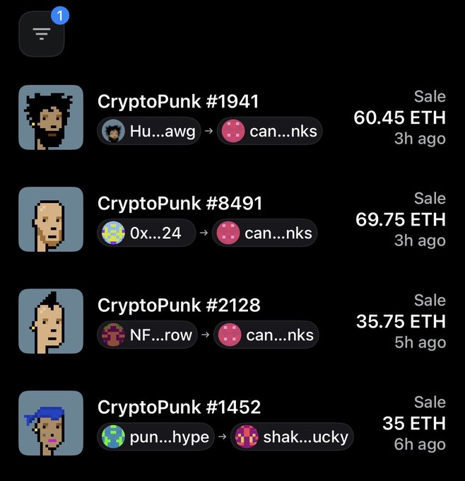 A mobile screenshot of recent CryptoPunk sales, highlighting CryptoPunk #8491 selling for 69.75 ETH (matching the user's "twin 1 attribute punk" sale) to wallet "can...nks," alongside other transactions including #1941 at 60.45 ETH, #2128 at 35.75 ETH, and #1452 at 35 ETH.