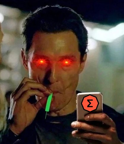 A meme image of actor Benedict Cumberbatch with glowing red laser eyes, smoking a green glow stick while looking at a phone displaying a red sigil logo, evoking an intense crypto trading moment.