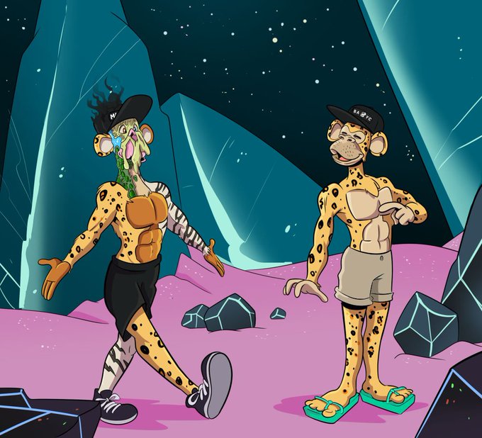 A cartoon illustration of two anthropomorphic cheetah characters in a futuristic landscape with glowing crystals and a starry sky, one wearing a black tank top and the other in tan shorts, both sporting hats and sunglasses.