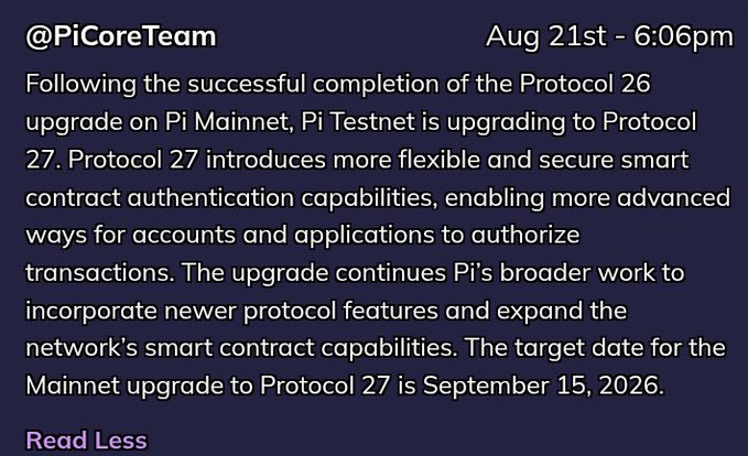 A tweet from @PiCoreTeam dated August 21st at 6:06pm announces Pi Network's Protocol 27 upgrade to Testnet, highlighting enhanced smart contract authentication capabilities and targeting September 15, 2026, for the Mainnet upgrade.