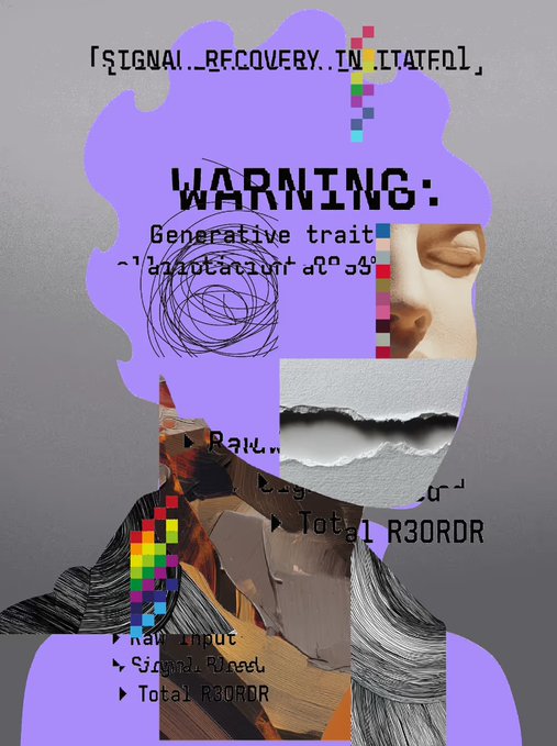The image features an abstract collage of various elements that are meant to represent a person's face with a warning sign above their head. The collage includes a purple background, a white face, and a rainbow-colored scarf. The text "Signal Recovery In Itafol" is written in black at the top of the image, while "WARNING: GENERATIVE TRUST" is written in red below it. The collage also contains various other elements such as a rainbow-colored scarf, a white face with a pink nose and mouth, and a rainbow-colored scarf on the left side of the image.