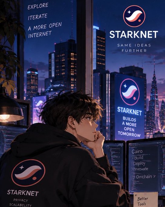 An anime-style promotional image for Starknet showing a young developer working on code, with slogans 'Explore, Iterate, A More Open Internet,' 'Same Ideas Further,' 'Builds a More Open Tomorrow,' and references to Cairo, Build, Deploy, Innovate, and Onchain.