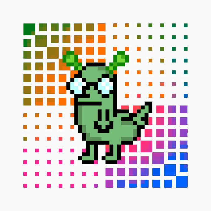 A pixel art style image featuring a green, cartoonish bug-like creature with large eyes, positioned in front of a vibrant grid of multicolored squares.