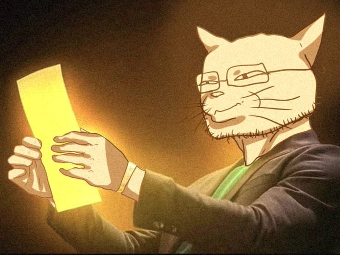 A cat-headed figure wearing glasses and a suit examines a glowing yellow paper or document, evoking the image of revealing a closely guarded "blueprint" as referenced in the post teasing $Catjak's next chapter.
