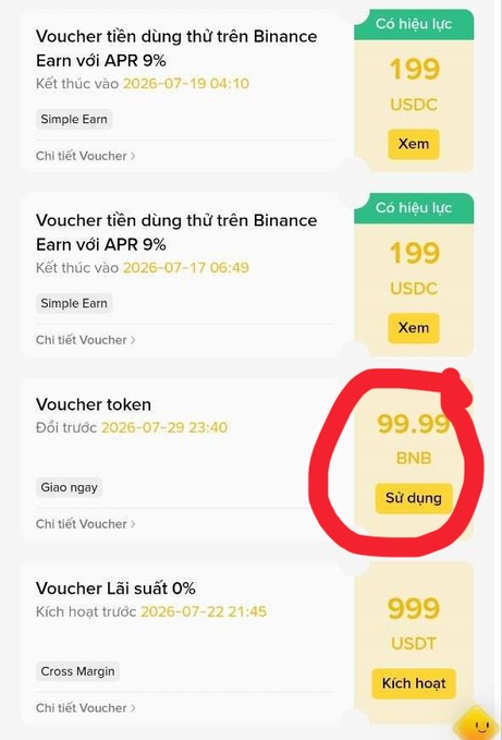 Vietnamese Binance app screenshot displaying voucher options including Earn vouchers with 9% APR (199 USDC), a token voucher highlighted in red showing 99.99 BNB, and a 0% interest rate voucher for 999 USDT with Cross Margin.