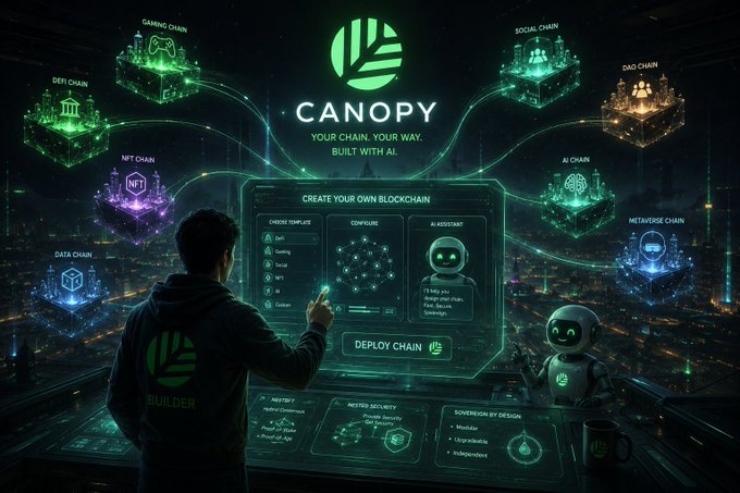 The image features a man wearing a hoodie who is using his finger to interact with a computer screen, which displays information about Canopy Network. The main focus of the image is the interaction between the man and the computer screen, highlighting the user-friendly interface that canopy Network offers for blockchain creation.

In addition to the main subject, there are several other objects in the scene, including a robot and various cubes with different colors on them. These elements contribute to the overall visual appeal of the image while still maintaining its primary focus on the man interacting with the computer screen.