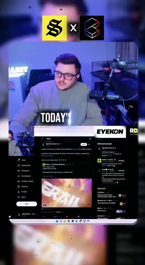 The image features a man sitting at a desk with a computer screen displaying a social media platform called Twitter. The post includes text that reads "Today's #solflare" along with an image of a man wearing glasses, possibly a gaming character or a character from a video game. The post also mentions the word "Eyewitness" and a link to a website.