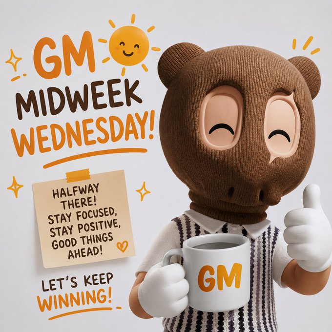 A motivational graphic features a 3D-rendered character in a brown bear balaclava giving a thumbs up while holding a 'GM' mug, with text reading 'GM MIDWEEK WEDNESDAY!', 'HALFWAY THERE! STAY FOCUSED, STAY POSITIVE, GOOD THINGS AHEAD!', and 'LET'S KEEP WINNING!'.
