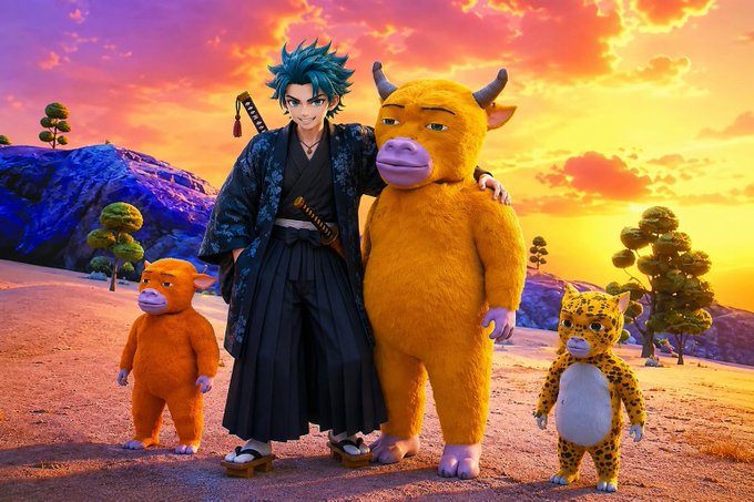 An anime-style character with blue hair and traditional Japanese clothing standing with three anthropomorphic animal figures (an orange bear, a large yellow cow, and a spotted leopard) against a sunset landscape.