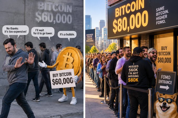 A split-panel illustration captures the contrasting investor psychology around Bitcoin at different price points: on the left, when Bitcoin is displayed at $60,000, people are shown rejecting it with dismissive remarks like "No thanks it's too expensive!", "I'll wait for it to go lower," and "It's a bubble," while a large Bitcoin mascot holds a "BUY BITCOIN $60,000" sign; on the right, when the price climbs to $80,000, a long, eager crowd lines up outside a venue marked "BUY BITCOIN $80,000" with slogans such as "SAME BITCOIN. HIGHER FOMO," "HIGHER PRICE SAME DREAMS," and "MISSED $60K I'M NOT MISSING $80K," plus a "FOMO ENTRANCE" sign featuring a Shiba Inu dog in sunglasses — perfectly visualizing the post's message that markets are amusing because people dismiss Bitcoin when it's cheap but rush in once